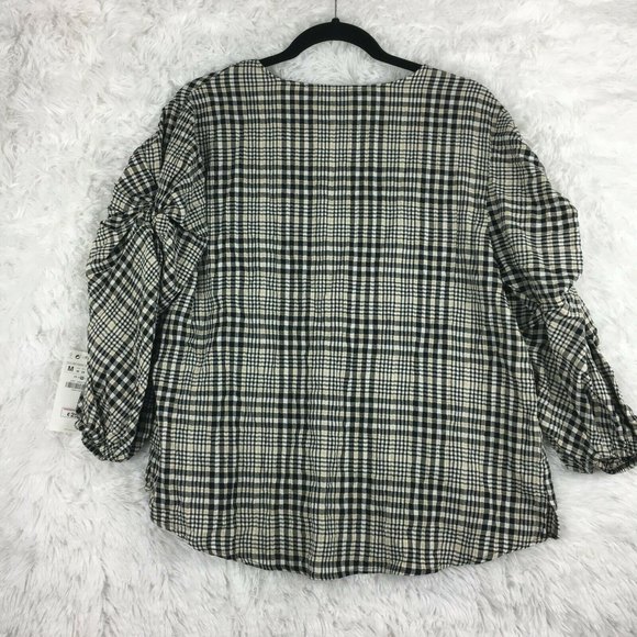 ZARA Basic Plaid Black and White Ruched Sleeves Shirt Size M New - Picture 2 of 7